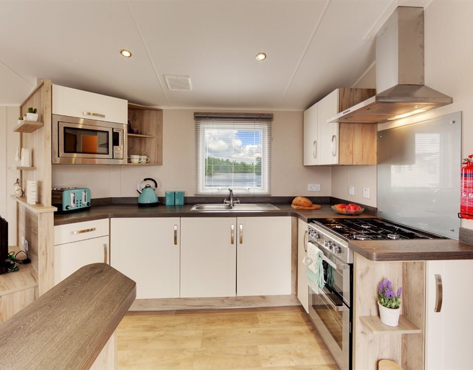 he's fully fitted kitchen inside one of Lodge Coppice's static caravans