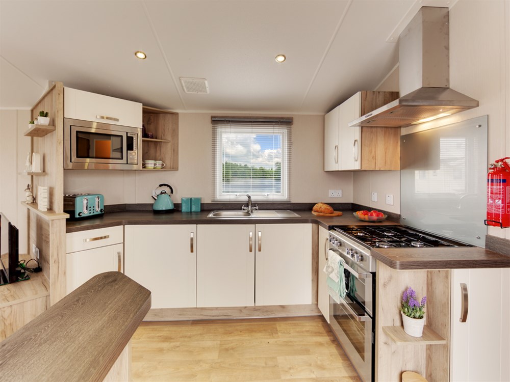 he's fully fitted kitchen inside one of Lodge Coppice's static caravans